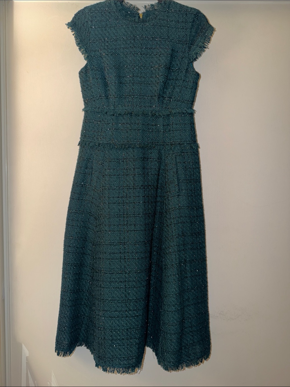 Donna Karan hunter green Tweed Fringe Midi Dress